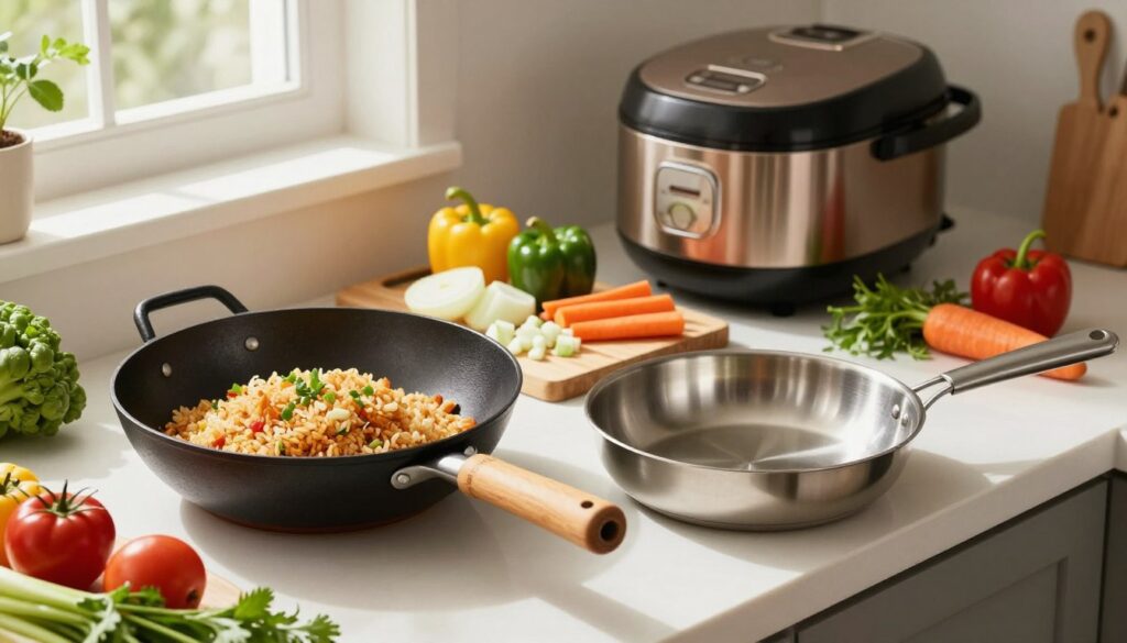 A bright and inviting kitchen countertop, featuring a variety of essential cooking tools for making fried rice. In the foreground, a well-seasoned carbon steel wok with a wooden handle, next to a polished stainless steel frying pan. Brightly colored vegetables and fresh herbs are scattered around for a touch of freshness. In the middle, a vibrant cutting board holding diced onions, bell peppers, and carrot strips, with a rice cooker in the background, sleek and modern. Soft, natural light pours in from a window, casting warm shadows that accentuate the tools and ingredients. The atmosphere is cozy and organized, evoking a sense of ease and efficiency in cooking. The camera angle is slightly elevated, providing a clear view of both the cookware and the preparation area, emphasizing a practical yet aesthetically pleasing kitchen setup.