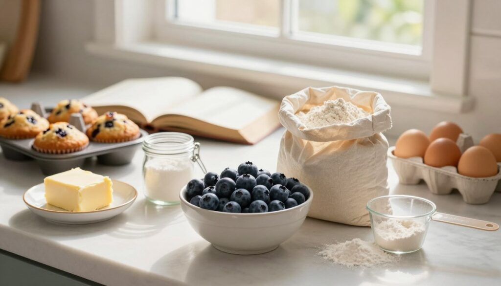 A bright and inviting kitchen countertop filled with the essential ingredients for homemade blueberry muffins. In the foreground, a bowl overflowing with plump, fresh blueberries, a bag of freshly milled flour, a small glass jar of sugar, and a carton of eggs. There is also a dish with soft, creamy butter and a sprinkle of baking powder next to a measuring cup. The middle ground features an open recipe book with a slightly worn look, suggesting frequent use. The background displays a sunny window with soft, natural lighting, allowing warm rays to illuminate the scene. The mood is cozy and inviting, perfect for a baking adventure. The composition is captured from a slightly elevated angle to highlight the ingredients beautifully arranged.