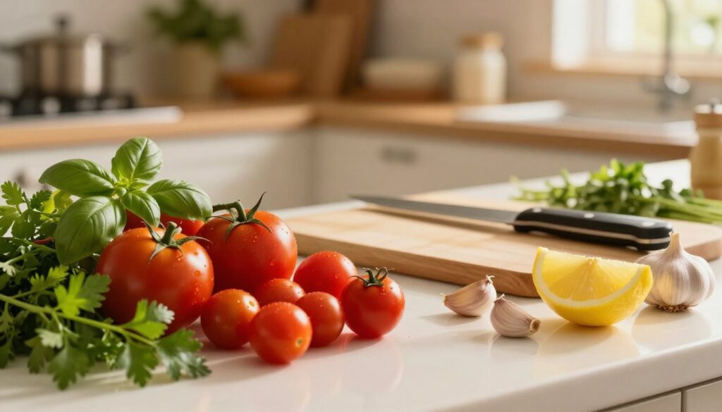 A bright and inviting kitchen countertop scene showcasing fresh ingredients for a Mediterranean fish recipe. In the foreground, vibrant cherry tomatoes in various sizes spill from a small basket, their glossy skin reflecting soft natural light. Beside them, fresh herbs like basil and parsley add a splash of green, while a few whole garlic cloves and a lemon wedge introduce a zesty yellow contrast. The middle ground features a pristine cutting board with a knife, ready for preparation. In the background, a softly blurred kitchen environment evokes warmth, with wooden shelves displaying cooking essentials. The lighting is warm and golden, reminiscent of late afternoon sun, creating an inviting atmosphere perfect for home cooking. The composition focuses on the ingredients, highlighting their freshness and vibrancy, without any people or distractions.