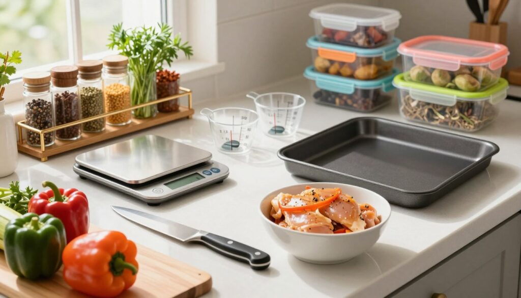 A bright, inviting kitchen countertop featuring essential kitchen tools for preparing low-calorie chicken recipes. In the foreground, a stylish cutting board with a sharp chef's knife and fresh vegetables like bell peppers and zucchini, alongside a bowl of marinated chicken. In the middle, a sleek digital food scale, measuring cups, and a set of non-stick baking trays arranged neatly. In the background, a well-organized spice rack filled with herbs and spices for seasoning, and a colorful array of meal prep containers. Soft, natural lighting from a window casts a warm glow over the scene, emphasizing a fresh and healthy atmosphere. The composition conveys a sense of efficiency and motivation for quick and easy meal preparation.