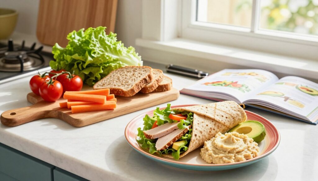 A bright, inviting kitchen countertop filled with beginner-friendly lunch ideas. In the foreground, a colorful plate displays a fresh, whole-wheat wrap bursting with salad, lean turkey slices, and avocado, accompanied by a side of carrot sticks and hummus. In the middle, an assortment of essential ingredients like cherry tomatoes, lettuce, and whole-grain bread are artfully arranged, complemented by a cutting board with a knife and an open cookbook featuring simple recipes. The background showcases a cheerful, sunlit kitchen with light streaming through a window, reflecting a homey atmosphere. The angle is slightly overhead to capture the vibrant colors and textures, enhancing the feeling of accessibility and ease in meal preparation. The overall mood is warm, welcoming, and encourages creativity in cooking. A bright, inviting kitchen countertop filled with beginner-friendly lunch ideas. In the foreground, a colorful plate displays a fresh, whole-wheat wrap bursting with salad, lean turkey slices, and avocado, accompanied by a side of carrot sticks and hummus. In the middle, an assortment of essential ingredients like cherry tomatoes, lettuce, and whole-grain bread are artfully arranged, complemented by a cutting board with a knife and an open cookbook featuring simple recipes. The background showcases a cheerful, sunlit kitchen with light streaming through a window, reflecting a homey atmosphere. The angle is slightly overhead to capture the vibrant colors and textures, enhancing the feeling of accessibility and ease in meal preparation. The overall mood is warm, welcoming, and encourages creativity in cooking.