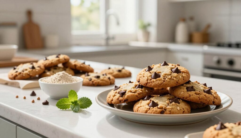 A bright, inviting kitchen countertop showcasing an array of freshly baked gluten-free cookies made with buckwheat seed and chocolate chips. In the foreground, a plate stacked high with golden-brown cookies, their chocolate chips semi-melted and glistening. Scattered nearby are a few raw ingredients: a small bowl of buckwheat flour, chocolate chips, and a sprig of fresh mint for color. In the middle ground, a sunny window lets in warm, natural light, highlighting the texture of the cookies and creating soft shadows. The background features a clean, minimalist kitchen with subtle hints of rustic decor, promoting a cozy, health-conscious atmosphere. The overall mood is cheerful and inviting, emphasizing the deliciousness and accessibility of gluten-free baking.