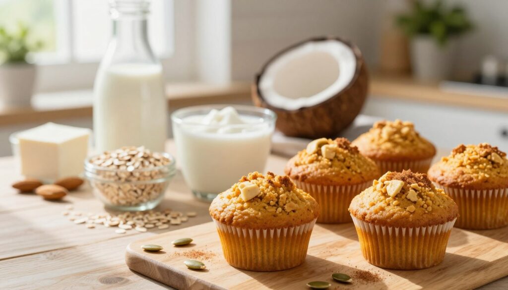 A bright, inviting kitchen scene featuring a variety of dairy-free ingredients like almond milk, coconut yogurt, and cashew cheese artfully arranged. In the foreground, a rustic wooden table displays freshly baked pumpkin oat muffins with a crumbly texture, emphasizing their dairy-free composition. The muffins are adorned with a sprinkle of cinnamon and a few scattered pumpkin seeds for an added touch of warmth. In the middle background, ingredients like oats, coconut flakes, and spices are subtly blurred to create depth. Soft, natural lighting filters in through a window, casting gentle shadows and enhancing the inviting atmosphere. A hint of greenery from potted herbs adds freshness without distracting from the main subjects, evoking a sense of wholesome, healthy baking.