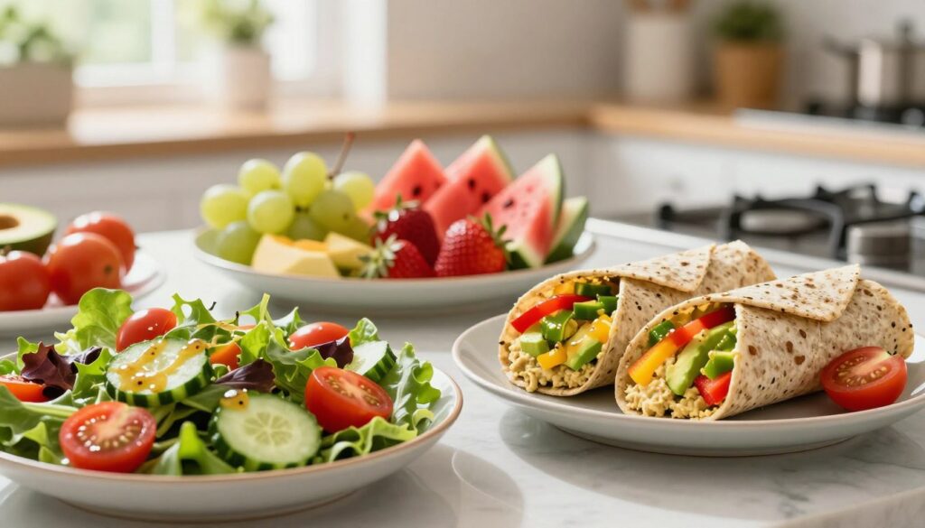 A bright, inviting kitchen scene featuring a variety of simple, no-cook lunch ideas ideal for hot days. In the foreground, a colorful spread of fresh ingredients: a vibrant salad with mixed greens, cherry tomatoes, cucumbers, and a light vinaigrette drizzled atop. Next to it, a plate of whole-grain wraps filled with hummus, avocado, and sliced bell peppers, artfully arranged. In the middle ground, a refreshing fruit platter displaying an assortment of seasonal fruits like watermelon, strawberries, and grapes. The background reveals soft, natural light streaming in through a window, illuminating the space and creating a warm, cheerful atmosphere. The lens captures the scene from a slight overhead angle, enhancing the appeal of these quick and healthy lunch options. A bright, inviting kitchen scene featuring a variety of simple, no-cook lunch ideas ideal for hot days. In the foreground, a colorful spread of fresh ingredients: a vibrant salad with mixed greens, cherry tomatoes, cucumbers, and a light vinaigrette drizzled atop. Next to it, a plate of whole-grain wraps filled with hummus, avocado, and sliced bell peppers, artfully arranged. In the middle ground, a refreshing fruit platter displaying an assortment of seasonal fruits like watermelon, strawberries, and grapes. The background reveals soft, natural light streaming in through a window, illuminating the space and creating a warm, cheerful atmosphere. The lens captures the scene from a slight overhead angle, enhancing the appeal of these quick and healthy lunch options.