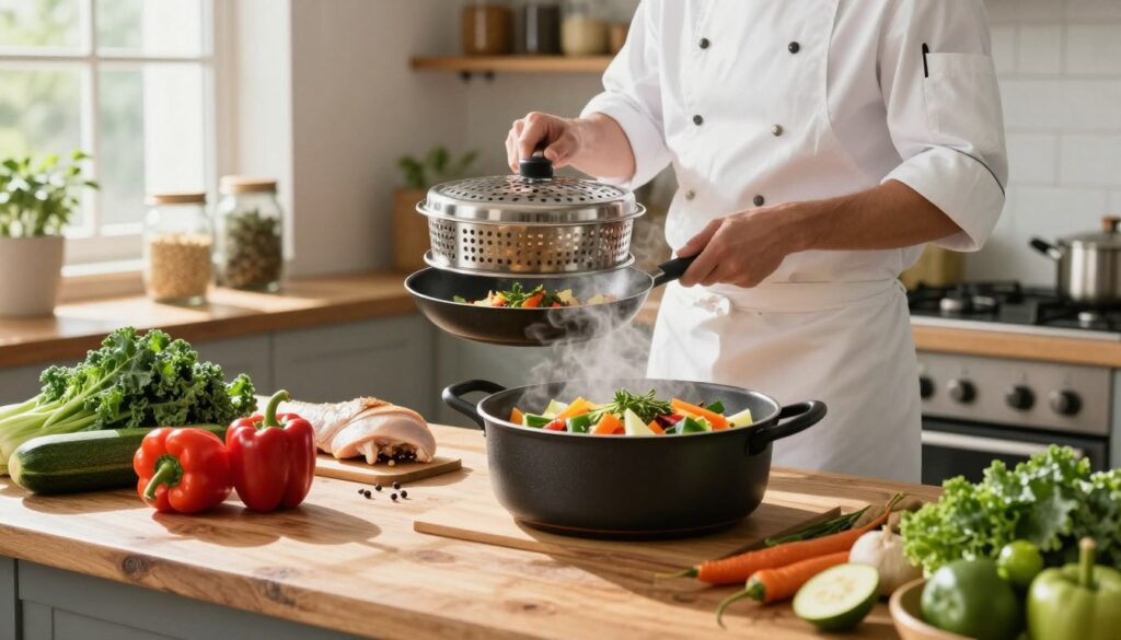 A bright, inviting kitchen scene showcasing healthy cooking methods. In the foreground, a rustic wooden table displays vibrant, fresh vegetables like bell peppers, zucchini, and kale, alongside lean cuts of chicken and fish. A steaming pot of colorful stir-fry emits fragrant herbs and spices, with a focus on steam rising to signify freshness. In the middle ground, a skilled chef in a white apron expertly uses a steaming basket and non-stick pans, ensuring maximum flavor retention while minimizing fat. Natural light streams in through a nearby window, casting soft shadows and illuminating the ingredients. The background features shelves filled with mason jars of whole grains and herbs, enhancing the atmosphere of nutritious cooking and mindfulness. The overall mood is warm, health-conscious, and inviting, inspiring viewers to embrace mindful cooking. A bright, inviting kitchen scene showcasing healthy cooking methods. In the foreground, a rustic wooden table displays vibrant, fresh vegetables like bell peppers, zucchini, and kale, alongside lean cuts of chicken and fish. A steaming pot of colorful stir-fry emits fragrant herbs and spices, with a focus on steam rising to signify freshness. In the middle ground, a skilled chef in a white apron expertly uses a steaming basket and non-stick pans, ensuring maximum flavor retention while minimizing fat. Natural light streams in through a nearby window, casting soft shadows and illuminating the ingredients. The background features shelves filled with mason jars of whole grains and herbs, enhancing the atmosphere of nutritious cooking and mindfulness. The overall mood is warm, health-conscious, and inviting, inspiring viewers to embrace mindful cooking.