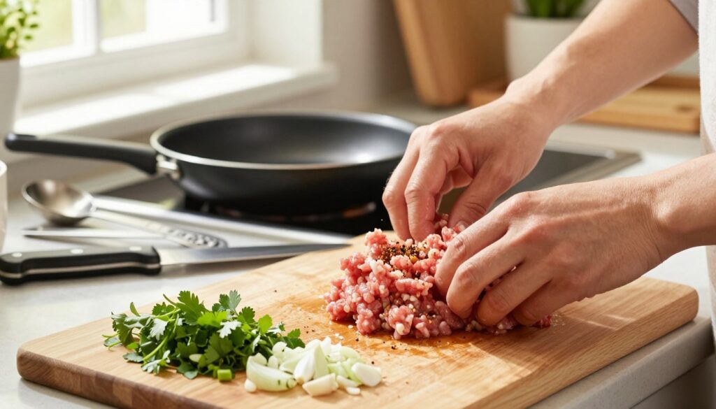 A bright, inviting kitchen scene showcasing the preparation of minced meat dishes for beginners. In the foreground, a wooden cutting board is adorned with freshly chopped herbs, garlic, and onions, alongside a bowl of seasoned minced meat, glistening with spices. A pair of clean, modestly dressed hands is skillfully mixing the ingredients. In the middle ground, a variety of kitchen tools, including a sharp knife, frying pan, and measuring spoons, are neatly arranged, suggesting an organized cooking space. The background features warm, natural light streaming in from a window, creating a cozy atmosphere with subtle hints of green plants and wooden cabinets. The overall mood is encouraging and instructional, perfect for novice cooks eager to learn essential cooking tips.