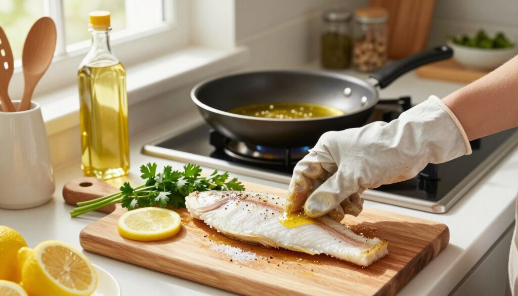A bright, well-lit kitchen scene showcasing the preparation of fish for frying. In the foreground, a wooden cutting board holds a beautifully filleted white fish, sprinkled with salt and pepper, and surrounded by fresh herbs like parsley and lemon slices. A hand, wearing a modest kitchen glove, gently massages a marinade into the fish. In the middle, a frying pan heats on the stove, gleaming with golden oil ready for cooking, as nearby utensils and a bottle of cooking oil are artfully arranged. The background features cozy kitchen details, like a shelf with spices and an inviting window letting in warm sunlight, creating a cheerful, homey atmosphere. The angle should be slightly overhead, capturing the action and vibrancy of preparing the perfect fish fry.