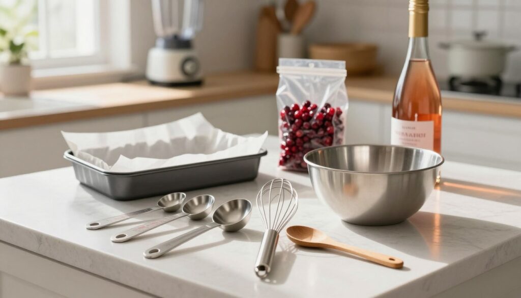 A clean, well-lit kitchen countertop filled with essential homemade breakfast cake preparation tools. In the foreground, showcase a set of measuring cups and spoons, a mixing bowl, a whisk, and a small wooden spoon, all arranged neatly. In the middle ground, include a cake pan lined with parchment paper, a bag of cranberries, and a bottle of sparkling wine, hinting at the Cranberry Mimosa theme. The background features soft-focus kitchen equipment like a blender and baking utensils, creating a warm and inviting atmosphere. Natural light streams in from a nearby window, casting gentle shadows, adding depth and warmth. The scene feels cozy and encouraging, inspiring readers to engage in the baking process.