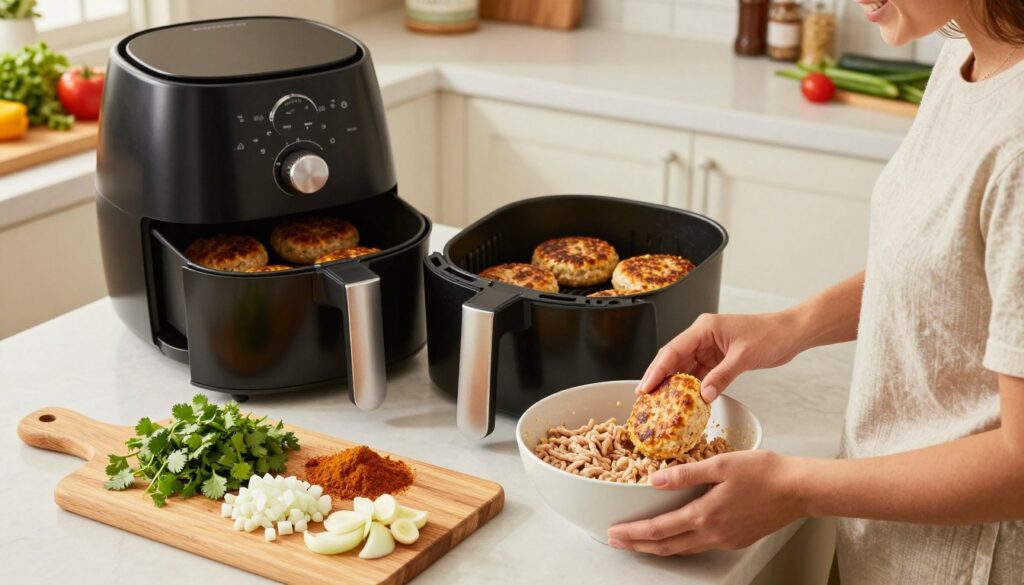 A clean, well-lit kitchen setting showcasing a step-by-step guide to making turkey burgers using an air fryer. In the foreground, a wooden cutting board features neatly organized ingredients: ground turkey, chopped cilantro, curry powder, diced onions, and sliced garlic. A bowl is shown mixing the ingredients, with a person in modest casual clothing demonstrating the process, smiling while forming patties. The middle ground highlights an air fryer on the kitchen counter, with patties inside, golden and sizzling. In the background, a well-organized kitchen view with fresh vegetables and spices adds color and vibrancy. The light is warm and inviting, creating a homely atmosphere perfect for cooking. The angle is slightly overhead, emphasizing both the action and the ingredients, capturing the essence of delicious home cooking.