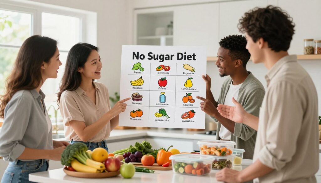 A clear and informative step-by-step illustration of starting a no sugar diet. In the foreground, a diverse group of three individuals (two women and one man) dressed in professional casual wear, enthusiastically discussing a colorful chart or guide displaying a weekly meal plan with no-added-sugar foods. In the middle ground, a bright, modern kitchen filled with fresh fruits, vegetables, and lean proteins, symbolizing a healthy lifestyle. The background features soft natural light streaming in from a window, creating a warm and inviting atmosphere. An array of healthy meal prep containers is visible on the counter, enhancing the theme of meal preparation. The image conveys motivation and excitement for healthy eating habits. A clear and informative step-by-step illustration of starting a no sugar diet. In the foreground, a diverse group of three individuals (two women and one man) dressed in professional casual wear, enthusiastically discussing a colorful chart or guide displaying a weekly meal plan with no-added-sugar foods. In the middle ground, a bright, modern kitchen filled with fresh fruits, vegetables, and lean proteins, symbolizing a healthy lifestyle. The background features soft natural light streaming in from a window, creating a warm and inviting atmosphere. An array of healthy meal prep containers is visible on the counter, enhancing the theme of meal preparation. The image conveys motivation and excitement for healthy eating habits.