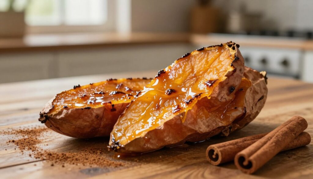 A close-up, beautifully plated dish of cinnamon brûléed sweet potatoes, glistening with a caramelized sugar topping that reflects warm golden hues. The sweet potatoes are sliced diagonally, fanned out elegantly on a rustic wooden table that adds a sense of homeliness. Sprinkle of ground cinnamon and a couple of cinnamon sticks artistically placed nearby enhance the composition. In the background, a soft-focus kitchen scene, with warm lighting emanating from a window, creating an inviting atmosphere. The image captures the richness of the dish, evoking a feeling of comfort and nostalgia, while showcasing the texture of the sweet potatoes and the glossy brûléed surface, inviting the viewer to savor the experience.