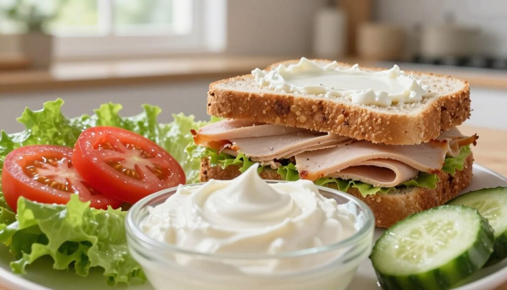 A close-up composition featuring creamy, low-calorie sour cream elegantly displayed as a condiment for sandwiches and salads. In the foreground, a small bowl of sour cream sits alongside fresh vegetables like crisp lettuce, ripe tomatoes, and cucumber slices, all glistening with moisture. In the middle ground, a vibrant sandwich made with whole grain bread, layered with turkey, and adorned with a spread of sour cream highlights its versatility. The background showcases a sunlit kitchen setting, with soft, diffused natural light filtering through a window, creating a warm and inviting atmosphere. The angle is slightly elevated, capturing the textures and colors of the ingredients, evoking a fresh and healthy dining experience.