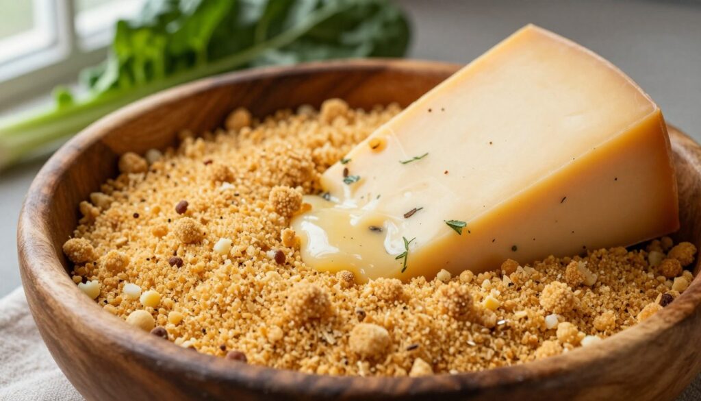 A close-up composition of freshly made breadcrumbs and Gruyere cheese, ready to be used for a Swiss chard gratin topping. The breadcrumbs are golden and crunchy, sprinkled artfully in a rustic wooden bowl, while the Gruyere cheese is vibrantly melted, with rich, nutty textures and small flecks of herbs surrounding it. Soft, diffused natural light filters through a nearby window, casting gentle shadows that emphasize the ingredients' freshness and color. In the background, there are hints of fresh Swiss chard leaves, adding a splash of green to the scene. The mood is warm and inviting, perfect for cozy culinary moments. The angle is slightly top-down, showcasing the ingredients in an aesthetically pleasing arrangement, free from any text or distractions. A close-up composition of freshly made breadcrumbs and Gruyere cheese, ready to be used for a Swiss chard gratin topping. The breadcrumbs are golden and crunchy, sprinkled artfully in a rustic wooden bowl, while the Gruyere cheese is vibrantly melted, with rich, nutty textures and small flecks of herbs surrounding it. Soft, diffused natural light filters through a nearby window, casting gentle shadows that emphasize the ingredients' freshness and color. In the background, there are hints of fresh Swiss chard leaves, adding a splash of green to the scene. The mood is warm and inviting, perfect for cozy culinary moments. The angle is slightly top-down, showcasing the ingredients in an aesthetically pleasing arrangement, free from any text or distractions.
