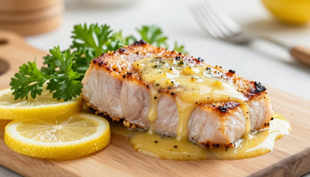 A close-up image of beautifully pan-seared lemon pepper tuna steaks, glistening with a rich garlic butter sauce. The tuna steaks are perfectly cooked, showcasing a golden-brown crust with a tender, succulent center. Surround the tuna with vibrant garnishes, such as fresh parsley and thin lemon slices for a zesty touch. In the background, a simple wooden cutting board and soft-focus kitchen elements create a warm, inviting atmosphere. Utilize soft, natural lighting that highlights the glossy texture of the garlic butter and the vibrant colors of the dish, captured with a shallow depth of field to focus solely on the food. The overall mood is appetizing and refined, emphasizing the freshness and deliciousness of this seafood recipe.
