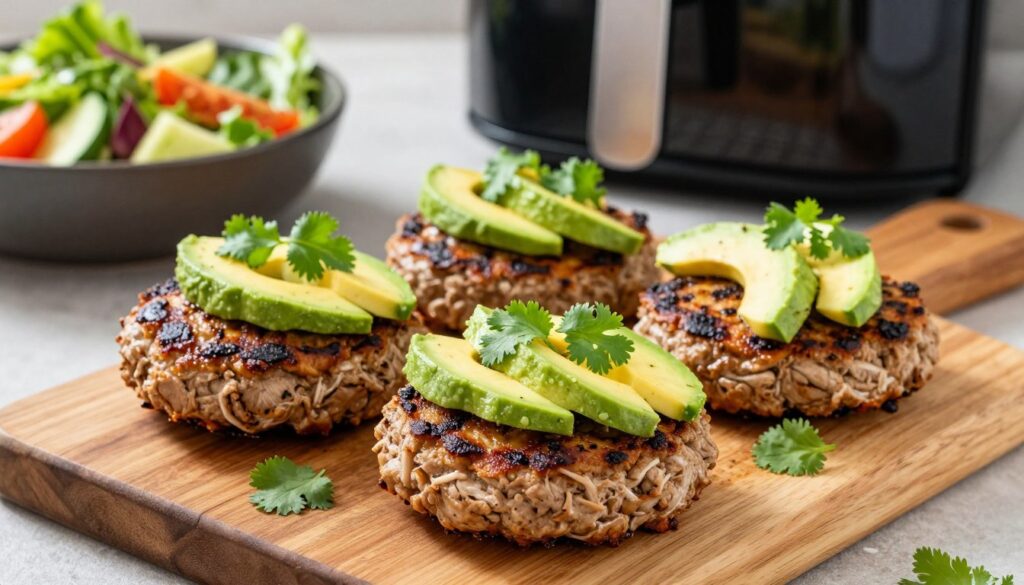 A close-up image of delicious, healthy air fryer turkey burgers, perfectly browned and juicy, sitting on a rustic wooden cutting board. The burgers are garnished with fresh cilantro and slices of ripe avocado, adding vibrant green colors. In the background, an air fryer is visible with its basket slightly open, hinting at the cooking process. Soft, natural lighting illuminates the scene, casting gentle shadows, creating a warm and inviting atmosphere. The angle is slightly from above, emphasizing the texture of the turkey burgers and highlighting their flavorful toppings. A fresh salad with colorful vegetables can be faintly seen in the background, enhancing the health-focused theme of the meal. The overall mood is appetizing and energizing, perfect for promoting a nutritious cooking method.