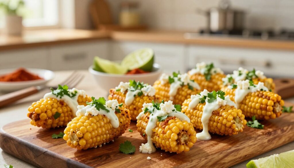 A close-up, inviting image of homemade street corn bites arranged on a rustic wooden platter. Each bite is golden and crispy, garnished with fresh cilantro, crumbled feta cheese, and a drizzle of creamy lime sauce. The foreground should capture the bites in detail, showcasing their texture and vibrant toppings. In the middle, include a bowl of additional toppings, such as lime wedges and chili powder, with a few rustic cooking utensils scattered around to enhance the cook’s atmosphere. In the background, softly blurred, show a warm kitchen setting with sunlight streaming through a window, creating a cozy and inviting mood. The image should evoke a sense of warmth and homeliness, perfect for enticing readers to try this delicious recipe.