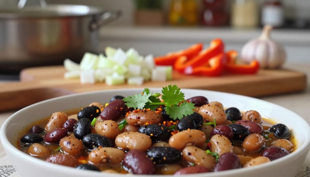 A close-up of a vibrant bowl of flavorful slow-cooked beans, displayed in the foreground with a rich, warm color palette. The beans, a mix of black, pinto, and kidney varieties, are glistening in a savory sauce infused with herbs and spices, garnished with fresh cilantro and a sprinkle of chili flakes. In the middle of the scene, a rustic wooden cutting board holds diced onions, garlic, and bell peppers, ready for preparation. Soft, ambient lighting creates a cozy atmosphere, with a shallow depth of field that blurs the background, featuring a simmering pot and pantry ingredients. The mood is inviting and homely, emphasizing the comforting nature of cooking with care and flavor.