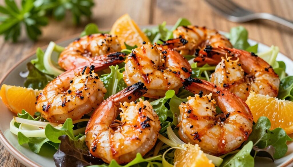 A close-up of grilled shrimp, perfectly charred and glistening with marinade, arranged artfully on a vibrant bed of mixed greens and sliced fennel. Juicy orange segments are interspersed throughout, adding pops of color. The shrimp should showcase distinct grill marks, emphasizing the cooking method. Overhead natural lighting casts a warm, inviting glow, highlighting the textures of the shrimp and the freshness of the salad ingredients. In the background, a rustic wooden table creates an organic feel, with a blurred green herb garnish to evoke a sense of freshness. The composition aims for a vibrant, mouth-watering atmosphere that captures the essence of summer cooking. The angle is slightly above, focusing on the salad's layered elements without any distractions. A close-up of grilled shrimp, perfectly charred and glistening with marinade, arranged artfully on a vibrant bed of mixed greens and sliced fennel. Juicy orange segments are interspersed throughout, adding pops of color. The shrimp should showcase distinct grill marks, emphasizing the cooking method. Overhead natural lighting casts a warm, inviting glow, highlighting the textures of the shrimp and the freshness of the salad ingredients. In the background, a rustic wooden table creates an organic feel, with a blurred green herb garnish to evoke a sense of freshness. The composition aims for a vibrant, mouth-watering atmosphere that captures the essence of summer cooking. The angle is slightly above, focusing on the salad's layered elements without any distractions.