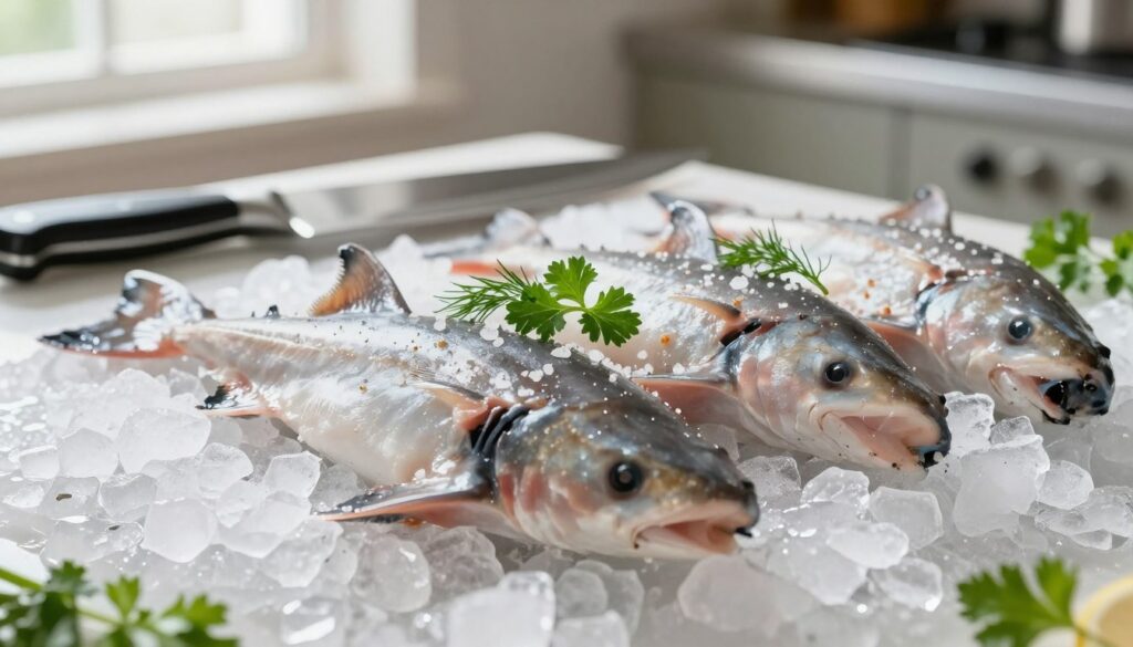 A close-up scene of dogfish fillets being prepared on a bed of pristine ice, showcasing their glistening, firm texture. In the foreground, the fillets are carefully arranged with a sprinkle of coarse sea salt and fresh herbs, like dill and parsley, for a vibrant touch. The middle ground features a stainless steel knife and cutting board, emphasizing the culinary aspect of preparation. The backdrop includes a softly blurred kitchen setting, where light streams in from a nearby window, creating a warm and inviting atmosphere. The lighting is bright yet natural, enhancing the freshness of the fish and the crispness of the ice. The overall mood is clean, professional, and focused on the art of cooking seafood.