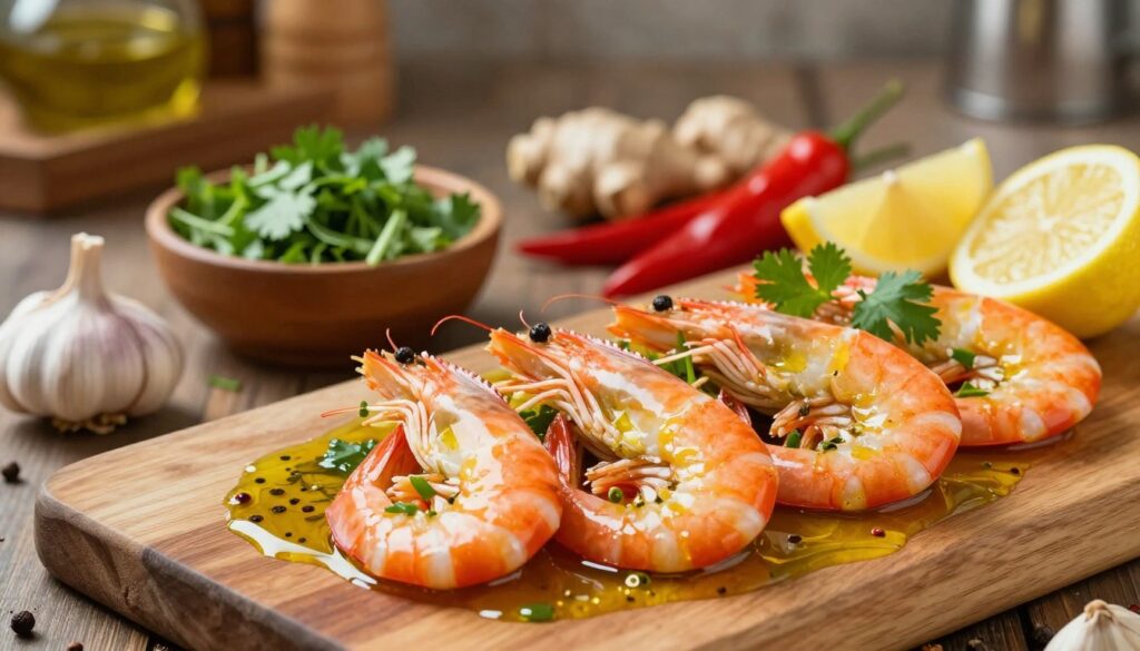 A close-up shot of a delicious prawn marinade preparation, showcasing vibrant ingredients like fresh prawns, along with herbs and spices such as garlic, ginger, and cilantro. The foreground features a wooden cutting board with prawns marinating in a glossy, colorful mixture of olive oil, lemon juice, and spices, glistening in the light. In the middle ground, a small bowl holds chopped fresh herbs, while colorful, sliced chili peppers and lemon wedges add a pop of color. The background is softly blurred, revealing a rustic kitchen setting with warm, inviting light illuminating the scene. The atmosphere is mouthwatering and appetizing, with a focus on the fresh, vibrant ingredients, evoking a sense of creativity and culinary delight.