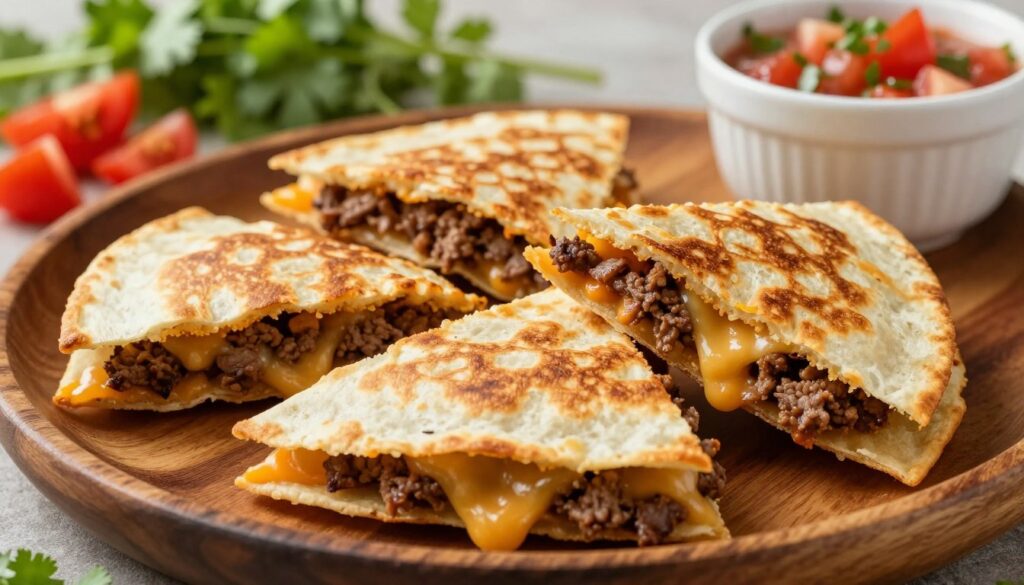 A close-up shot of crispy beef quesadillas, perfectly golden brown and slightly crispy at the edges, filled with melted cheese and savory ground beef. The quesadillas are cut into triangles, revealing their delicious filling, and arranged artfully on a rustic wooden plate. In the background, a vibrant table setting with fresh cilantro, diced tomatoes, and a small bowl of salsa adds color and freshness to the scene. Soft, natural lighting casts gentle shadows, enhancing the texture of the quesadillas while creating a warm, inviting atmosphere. Capture the image from a slightly elevated angle to highlight the details and enticing layers of the quesadillas, emphasizing their appeal as leftovers that can be easily reheated. A close-up shot of crispy beef quesadillas, perfectly golden brown and slightly crispy at the edges, filled with melted cheese and savory ground beef. The quesadillas are cut into triangles, revealing their delicious filling, and arranged artfully on a rustic wooden plate. In the background, a vibrant table setting with fresh cilantro, diced tomatoes, and a small bowl of salsa adds color and freshness to the scene. Soft, natural lighting casts gentle shadows, enhancing the texture of the quesadillas while creating a warm, inviting atmosphere. Capture the image from a slightly elevated angle to highlight the details and enticing layers of the quesadillas, emphasizing their appeal as leftovers that can be easily reheated.