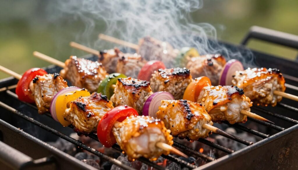 A close-up shot of marinated chicken skewers sizzling on a hot grill, the juicy chicken pieces beautifully caramelized and glistening with a rich, golden-brown glaze. Garnished with vibrant bell peppers and red onions, each skewer is perfectly arranged to showcase its colorful ingredients. Smoke gently wafts from the grill, creating an inviting atmosphere. The background features a blurred outdoor setting, hinting at a sunny day filled with laughter and the aroma of barbecue. Use soft, natural lighting to enhance the rich colors and textures of the ingredients, with a slight depth of field effect that keeps the skewers sharp while the background remains softly diffused. The overall mood is warm and inviting, perfect for a summer gathering.