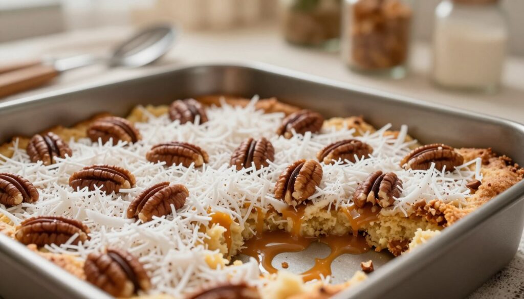 A close-up view of a baking pan filled with the base layer ingredients for coconut pecan dump cake. The ingredients include a rich, buttery cake mix layered with shredded coconut, chopped pecans, and a glossy caramel sauce pooling at the bottom. The foreground features the textured mixture of coconut and pecans, glistening under warm, inviting natural light. In the background, out of focus, is a cozy kitchen setting with baking utensils and ingredients artfully arranged, emphasizing a homey atmosphere. The angle of the shot captures the depth of the pan, inviting viewers into the baking process. Overall, the image conveys a warm, nostalgic mood, perfect for baking enthusiasts.