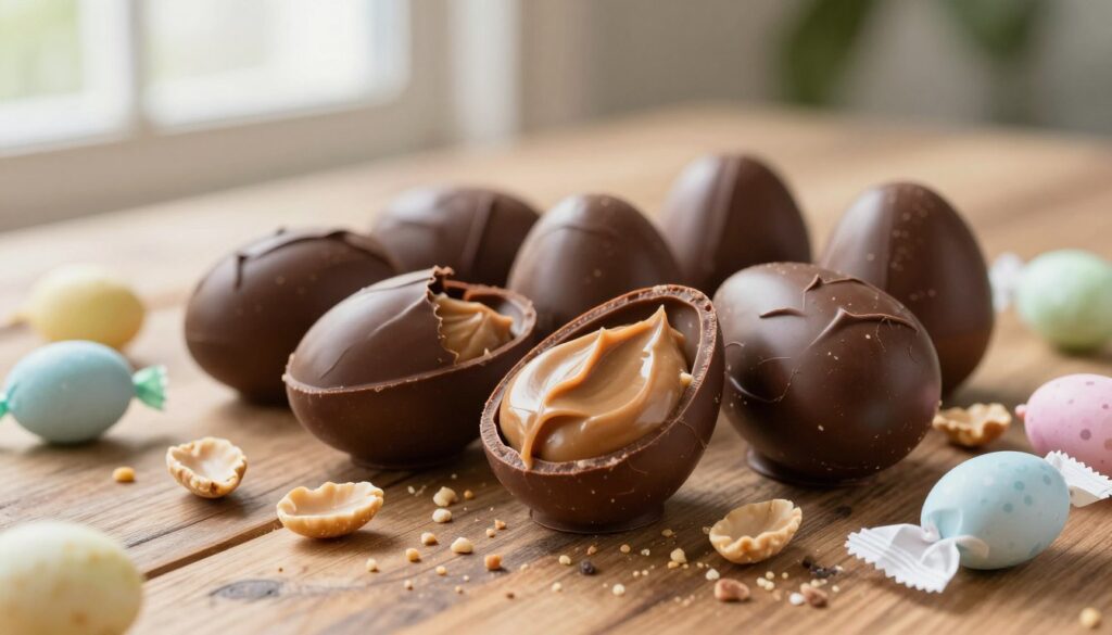 A close-up view of a beautifully arranged assortment of peanut butter chocolate eggs, displayed on a rustic wooden table. The eggs should be coated in rich, glossy dark chocolate with smooth, creamy peanut butter filling peeking out from the cracks. Surround the eggs with a scattering of chopped peanuts and delicate pastel-colored candy wrappers for a festive touch. Soft, natural light streams in from a window, casting gentle shadows to create depth. The background should be slightly blurred to keep the focus on the eggs, evoking a warm, inviting atmosphere perfect for Easter celebrations. The overall mood is appetizing and cheerful, emphasizing the delightful combination of chocolate and peanut butter.