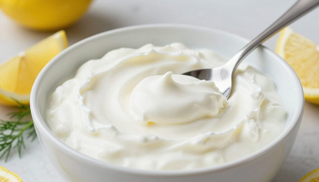 A close-up view of a bowl filled with creamy Greek yogurt, styled as a mayo replacement. The yogurt should appear thick and rich, showcasing its smooth texture. Include a stainless steel spoon resting beside the bowl, with a small dollop of yogurt on the tip, emphasizing its versatility. The background features soft, natural lighting with a subtle kitchen countertop setting, creating a warm and inviting atmosphere. Incorporate fresh herbs like dill and a few lemon wedges artistically placed around the bowl to enhance the scene. The overall color palette should be fresh and bright, highlighting the healthiness of this ingredient. Use a shallow depth of field to focus on the yogurt while softly blurring the background.