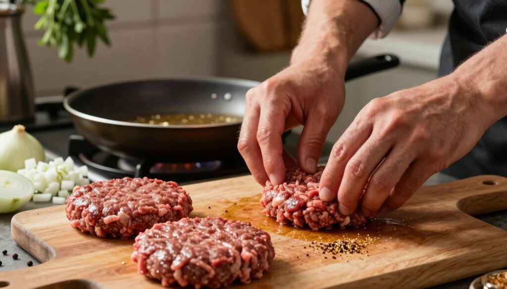 A close-up view of a chef's hands skillfully forming juicy hamburger patties made from ground beef, surrounded by fresh ingredients such as chopped onions and spices. The foreground showcases the patties being shaped on a wooden cutting board, with a sprinkle of seasoning visible on the surface. In the middle, a frying pan heated on a stove, shimmering with oil, ready for cooking, while the background features a rustic kitchen ambiance with hanging herbs and a soft, warm light illuminating the scene. Capture the textures of the raw beef and the sheen of the oil, creating an inviting and mouth-watering atmosphere that emphasizes the art of cooking hamburger steaks from scratch.