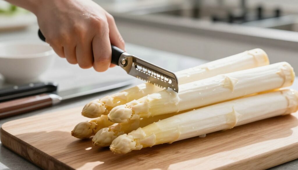 A close-up view of a fresh, pristine white asparagus bunch being prepared on a wooden cutting board. In the foreground, a hand skillfully uses a vegetable peeler to remove the outer layer of the asparagus, exposing its tender flesh. The asparagus has a beautiful sheen, highlighting its freshness. In the middle ground, an array of kitchen tools—like a knife and a small bowl for scraps—are neatly arranged. The background features a softly blurred kitchen environment, with natural light filtering in through a window, casting gentle shadows. The atmosphere is warm and inviting, emphasizing a sense of culinary expertise and care in preparing this seasonal delicacy.