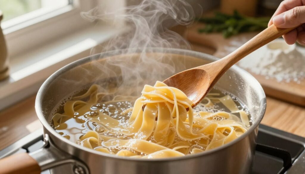A close-up view of a pot of boiling water on a stovetop, with fresh pasta being added in. The foreground features a wooden spoon stirring the pasta, demonstrating the technique of cooking it al dente. In the middle, steam rises gently from the pot, creating a warm, inviting atmosphere. Flashes of sunlight stream through a nearby window, illuminating the glistening water and the swirling pasta. In the background, a rustic kitchen countertop is adorned with a scattering of flour and fresh herbs, enhancing the culinary setting. The mood is cozy and homely, perfect for illustrating the step-by-step cooking process. The angle captures the scene from slightly above, emphasizing the texture of the pasta and the lush colors of the kitchen environment.