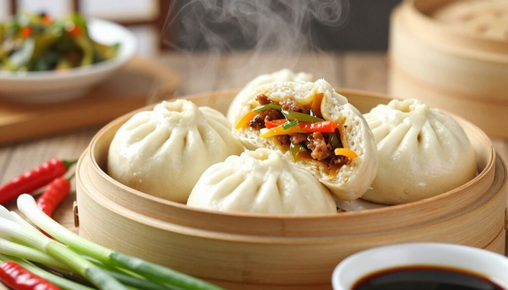 A close-up view of a steaming basket of fluffy bao buns filled with vibrant preserved vegetables. The bao, soft and pillowy, showcases a glistening sheen from the steam. In the foreground, fresh ingredients like chopped scallions, vibrant red chilies, and a small bowl of soy sauce are artfully arranged, hinting at the preparation process. The middle features the bao nestled delicately among bamboo steamers, with a focus on the textures and colors. In the background, a softly blurred kitchen setting with warm, natural light creates an inviting atmosphere, suggesting a homely, culinary space. The composition aims to evoke a sense of comfort and the delightful experience of preparing delicious steamed pork bao with preserved vegetables. A close-up view of a steaming basket of fluffy bao buns filled with vibrant preserved vegetables. The bao, soft and pillowy, showcases a glistening sheen from the steam. In the foreground, fresh ingredients like chopped scallions, vibrant red chilies, and a small bowl of soy sauce are artfully arranged, hinting at the preparation process. The middle features the bao nestled delicately among bamboo steamers, with a focus on the textures and colors. In the background, a softly blurred kitchen setting with warm, natural light creates an inviting atmosphere, suggesting a homely, culinary space. The composition aims to evoke a sense of comfort and the delightful experience of preparing delicious steamed pork bao with preserved vegetables.