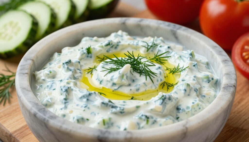 A close-up view of a traditional tzatziki sauce served in a rustic, handcrafted marble bowl. The sauce is creamy and luscious, featuring finely minced cucumbers, garlic, and fresh dill visible within its thick, pale green texture. A drizzle of olive oil glistens on top, and a sprinkling of additional dill garnishes the surface, enhancing its freshness. The background features a wooden cutting board with fresh vegetables like sliced cucumbers and tomatoes, evoking a vibrant cooking atmosphere. Soft, natural lighting illuminates the scene, creating a warm and inviting mood. The image should be taken from a slightly elevated angle, highlighting the creamy texture of the tzatziki sauce while providing a glimpse of the fresh ingredients surrounding it.