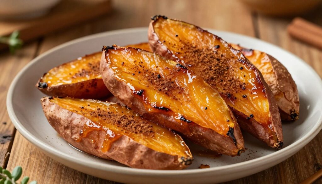 A close-up view of delicious cinnamon brûléed sweet potatoes, beautifully plated. The sweet potatoes are cut into thick slices, caramelized with a glossy, golden-brown brûlée layer sprinkled with cinnamon. They glisten under soft, warm lighting that enhances the rich color and texture of the dish. In the background, a rustic wooden table adds warmth and homeliness, while a hint of fresh herbs peeks from the side for color contrast. The atmosphere feels cozy and inviting, perfect for a fall or holiday gathering. Capture the image from a slightly elevated angle to showcase the brûléed surface and emphasize the delicious details without distractions. The final composition should evoke a sense of comfort and indulgence centered around the cinnamon infusion.