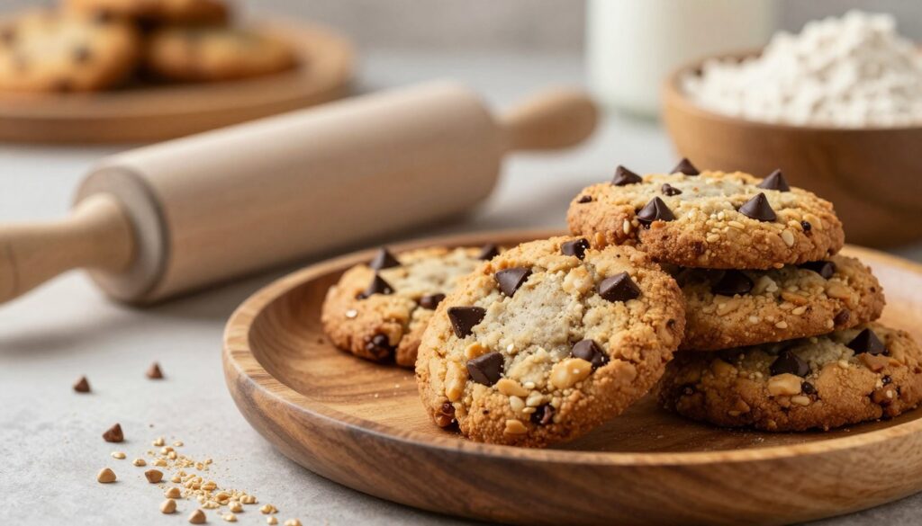 A close-up view of freshly baked gluten-free buckwheat cookies, showcasing their nutty texture and golden brown color. The cookies are studded with dark chocolate chips, glistening slightly in the light. In the foreground, a rustic wooden plate holds a small stack of these delectable treats, with a sprinkle of buckwheat flour artfully scattered around. In the middle ground, a rolling pin and a bowl filled with buckwheat flour hint at the baking process. The background features a softly blurred kitchen setting, with warm, inviting lighting that conveys a cozy atmosphere. The image should evoke a sense of homemade goodness and healthy indulgence, focused on wholesome ingredients.