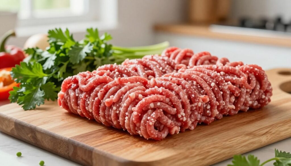A close-up view of ground beef in a well-lit kitchen setting, displayed on a clean wooden cutting board. The ground beef is freshly minced, with rich red and pink hues, showcasing its texture. Surrounding the beef, there are vibrant green herbs like parsley and cilantro, along with a few colorful vegetables such as bell peppers and onions, emphasizing healthy meal preparation. In the background, a soft-focus view of utensils and cooking tools suggests a home cooking atmosphere, with natural light streaming in through a nearby window, creating a warm and inviting mood. The angle is slightly above the cutting board, capturing the freshness and appeal of ground beef as a nutritious choice for weight loss. A close-up view of ground beef in a well-lit kitchen setting, displayed on a clean wooden cutting board. The ground beef is freshly minced, with rich red and pink hues, showcasing its texture. Surrounding the beef, there are vibrant green herbs like parsley and cilantro, along with a few colorful vegetables such as bell peppers and onions, emphasizing healthy meal preparation. In the background, a soft-focus view of utensils and cooking tools suggests a home cooking atmosphere, with natural light streaming in through a nearby window, creating a warm and inviting mood. The angle is slightly above the cutting board, capturing the freshness and appeal of ground beef as a nutritious choice for weight loss.