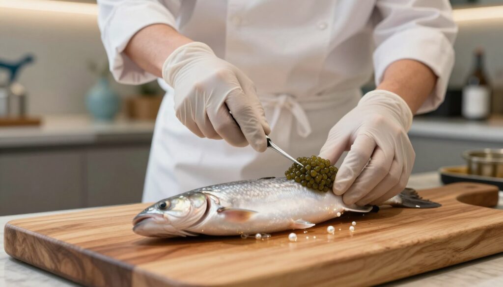 A close-up view of the fresh caviar-making process, focusing on pristine fish eggs being carefully harvested from a silvery beluga fish. In the foreground, delicate glistening pearls of caviar rest on a polished wooden cutting board, their texture reflecting soft light. In the middle, a skilled artisan, dressed in a clean white apron and gloves, gently scoops the eggs using a fine tool, showcasing meticulous attention to detail. The background features an elegant kitchen with marine-themed decor and soft ambient lighting, creating a tranquil and sophisticated atmosphere. Capture the moment with a shallow depth of field to focus on the caviar and the artisan's hands, with warm, inviting tones to evoke a sense of culinary artistry.