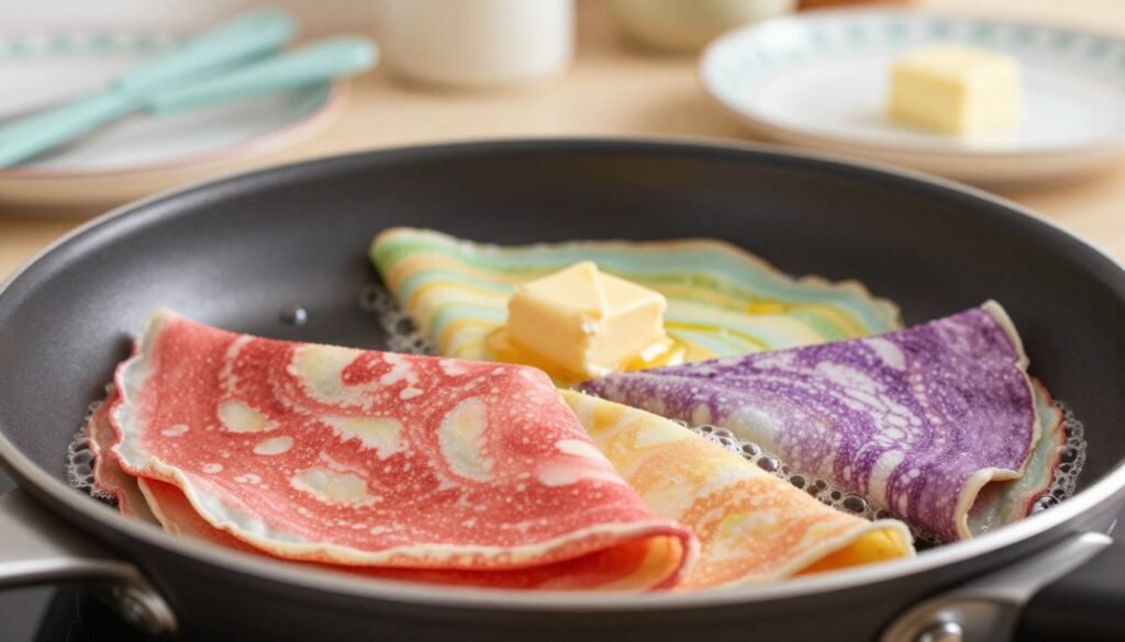 A close-up view of ultra-thin rainbow crepes elegantly cooking in a non-stick pan, with a vibrant display of colors transitioning from red to violet. The foreground features the delicate texture of the crepes, showcasing their thinness and flexibility, as they lightly bubble in the pan. In the middle ground, the softly melting butter enhances the scene, glistening under warm, soft kitchen lighting that creates a cozy atmosphere. The background is subtly blurred, featuring a well-organized kitchen with pastel-colored utensils and a decorative plate ready for serving. The overall mood is inviting and warm, emphasizing the artistry of cooking, with a focus on the craftsmanship involved in making these stunning crepes.