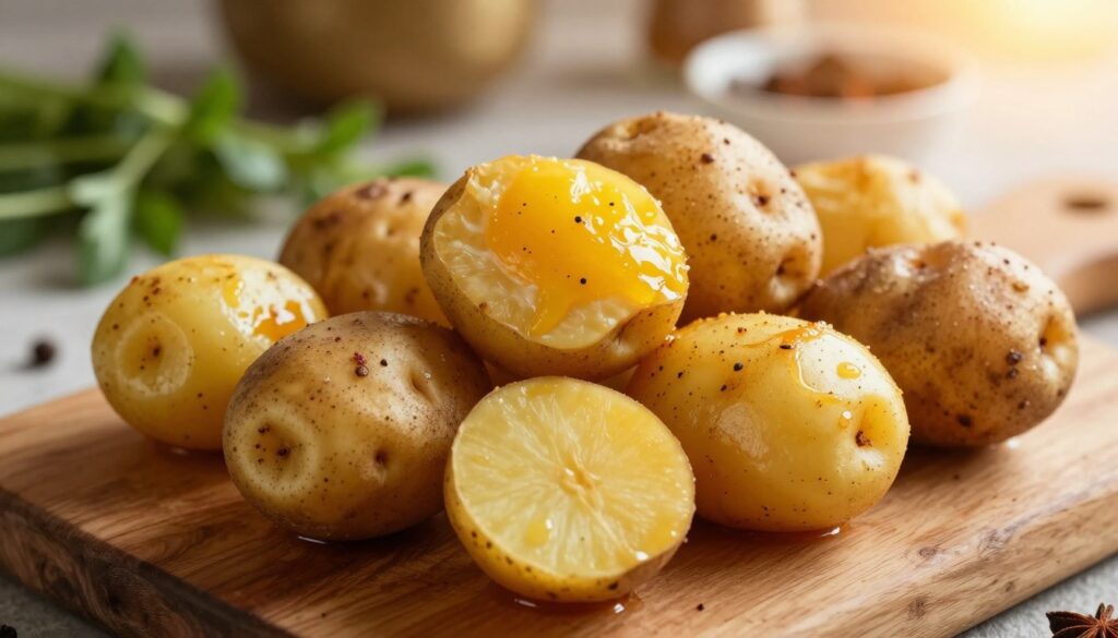 A close-up view of vibrant, freshly washed fingerling potatoes nestled on a rustic wooden cutting board, showcasing their various colors and textures. In the background, soft, blurred spices and fresh herbs typical of Indian cuisine hint at the dish's flavor profile. The lighting is warm and inviting, akin to golden hour sunlight, enhancing the earthy tones of the potatoes. The focus is sharp on the foreground potatoes, while the background provides a cozy, kitchen-like atmosphere. Capture the essence of preparing a base for an Indian egg bake, with a sense of warmth and culinary creativity. Use a shallow depth of field to emphasize the potatoes and create a dreamy, appetizing mood.