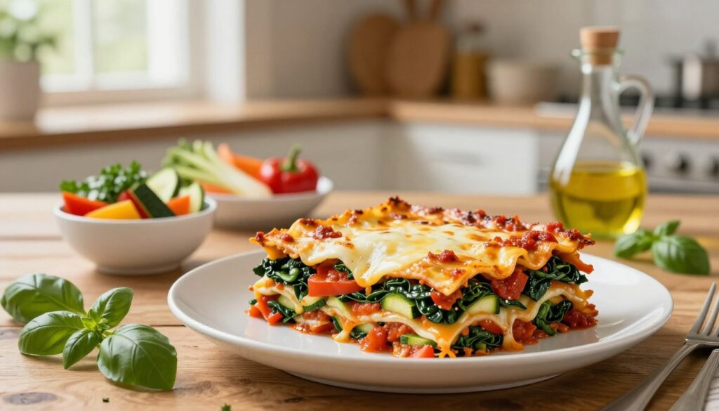 A colorful and inviting vegetable lasagna, layered with vibrant spinach, zucchini, bell peppers, and rich marinara sauce, sits elegantly on a rustic wooden table. In the foreground, a slice of the lasagna is plated beautifully, showcasing its depth and texture, with melted cheese glistening on top. Surrounding the dish are fresh herbs like basil and parsley, hinting at its wholesome ingredients. In the middle ground, there are small bowls filled with assorted vegetables and olive oil, emphasizing the meal's health benefits. The background features softly blurred warm kitchen decor, illuminated by natural daylight filtering through a nearby window, creating a cozy and inviting atmosphere that conveys comfort and wellness. The overall mood is warm and appetizing, encouraging a sense of health and enjoyment in eating.