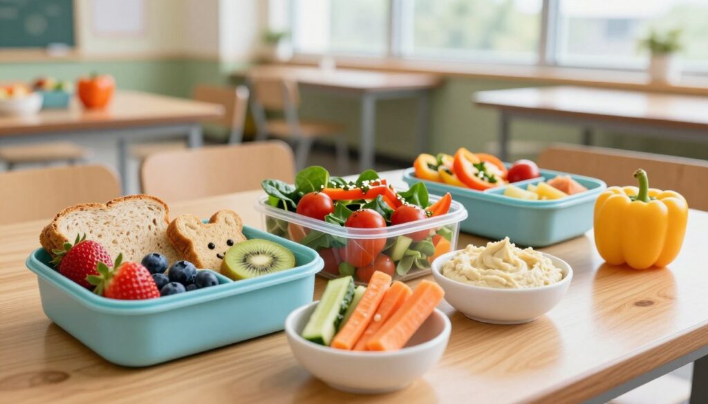 A colorful, enticing display of healthy school lunches spread across a wooden table. In the foreground, a bento box filled with vibrant, fresh fruits like strawberries, blueberries, and kiwi, alongside whole-grain sandwich cut into fun shapes. Nearby, a small bowl of homemade hummus with crunchy carrot and cucumber sticks. In the middle, a vibrant salad with cherry tomatoes, spinach, and sliced bell peppers, drizzled with a light vinaigrette, conveying freshness. In the background, a cozy school cafeteria setting with soft, natural lighting flowing through large windows. The atmosphere is warm and inviting, perfect for encouraging a love of healthy eating among kids. Focused angle to capture the deliciousness and variety without distractions, emphasizing the importance of nutrition in school lunches. A colorful, enticing display of healthy school lunches spread across a wooden table. In the foreground, a bento box filled with vibrant, fresh fruits like strawberries, blueberries, and kiwi, alongside whole-grain sandwich cut into fun shapes. Nearby, a small bowl of homemade hummus with crunchy carrot and cucumber sticks. In the middle, a vibrant salad with cherry tomatoes, spinach, and sliced bell peppers, drizzled with a light vinaigrette, conveying freshness. In the background, a cozy school cafeteria setting with soft, natural lighting flowing through large windows. The atmosphere is warm and inviting, perfect for encouraging a love of healthy eating among kids. Focused angle to capture the deliciousness and variety without distractions, emphasizing the importance of nutrition in school lunches.