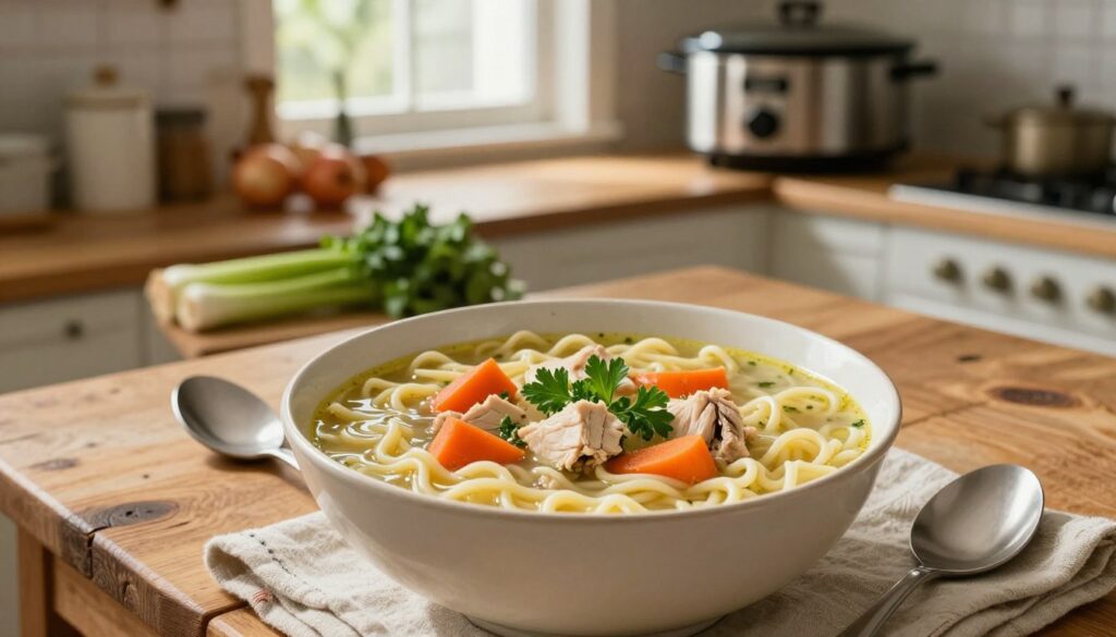 A comforting bowl of simple slow cooker chicken noodle soup sits at the forefront, filled with tender pieces of chicken, vibrant carrots, and perfectly cooked egg noodles, all swimming in a savory broth. The soup is garnished with fresh parsley for a pop of color. In the middle, a rustic wooden kitchen table adds warmth, with a spoon beside the bowl and a softly worn cloth napkin. In the background, a cozy kitchen setting features a slow cooker on the counter, ingredients like onions and celery scattered around, bathed in soft, natural lighting that streams through a nearby window. The atmosphere is inviting and homely, evoking feelings of comfort and simplicity, perfect for a family meal.