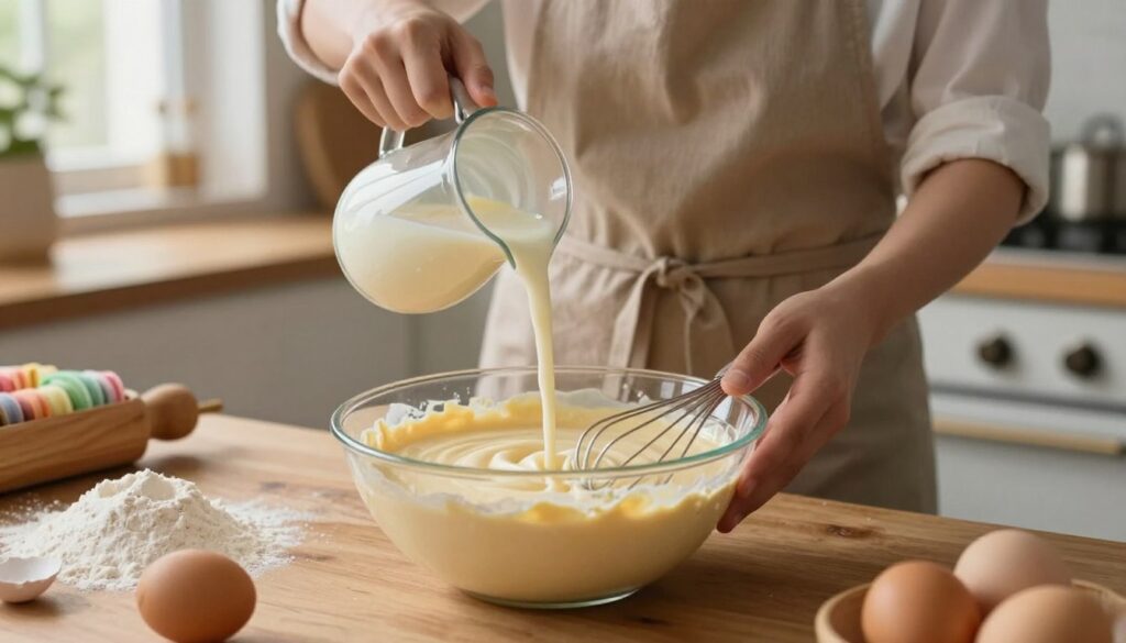 A cozy kitchen scene depicts the preparation of homemade crepe batter, focusing on a mixing bowl filled with a smooth, creamy vanilla batter. In the foreground, a wooden countertop shows ingredients like flour and eggs scattered around, adding a personal touch. A whisk is elegantly positioned in the bowl, with a light sheen of batter clinging to it. The middle layer captures a chef wearing a modest apron, carefully pouring milk into the bowl with a focused expression, showcasing their passion for cooking. In the background, soft light filters through a window, illuminating the kitchen space and enhancing the warm, inviting atmosphere. The depth of field creates a soft blur of kitchen tools and a subtle hint of colorful ingredients, reflecting the vibrant essence of creating rainbow rolled crepes. The overall mood is warm, inviting, and serene, enticing viewers to dive into the process.
