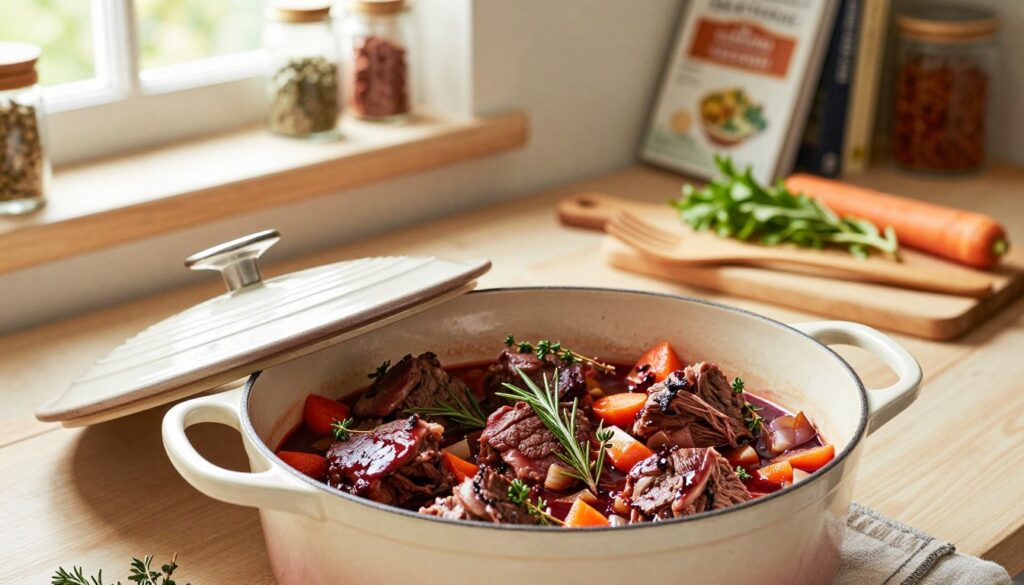 A cozy kitchen scene featuring a beautifully seasoned beef cheek dish braising in a Dutch oven. In the foreground, the Dutch oven, with its lid slightly ajar, reveals tender beef cheeks simmering in a rich red wine sauce, surrounded by aromatic herbs like rosemary and thyme, and diced vegetables including carrots and onions. In the middle ground, wooden utensils and a collapsible cutting board with fresh ingredients hint at preparation. The background shows rustic kitchen shelves adorned with spices and cookbooks, softly lit by natural light streaming in through a window, creating a warm and inviting atmosphere. The image should convey a sense of homely comfort and culinary tradition, perfect for a comforting recipe feel.