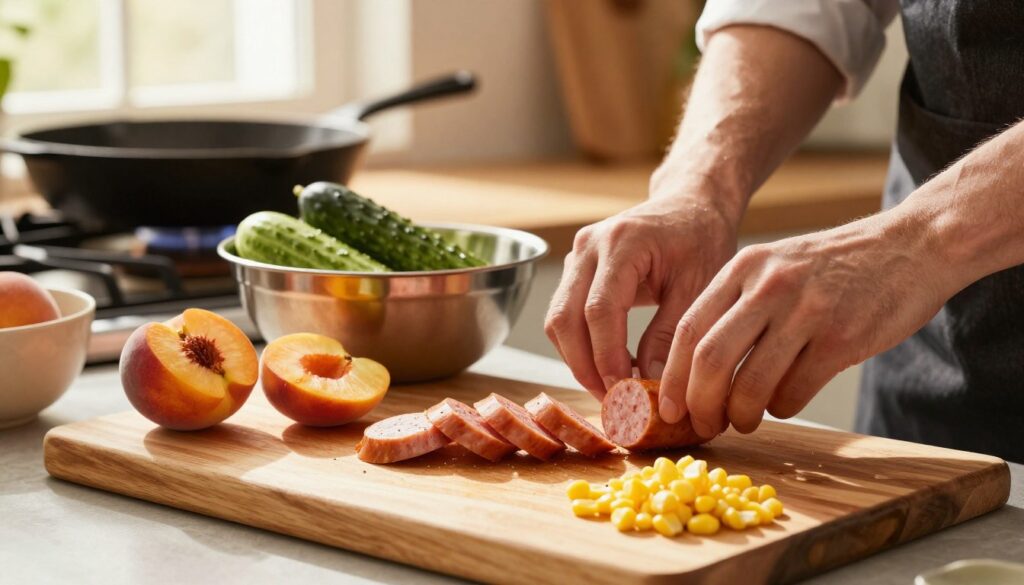A cozy kitchen scene featuring a chef preparing a one pan sausage recipe. In the foreground, a wooden cutting board with sliced sausages, halved peaches, and corn kernels ready for cooking. A bright, golden light filters in from a nearby window, illuminating fresh ingredients and creating a warm atmosphere. The middle ground showcases a stainless steel bowl filled with cucumbers, enhancing the vibrant colors of the dish. The background includes a rustic stove with a cast iron skillet, hinting at the cooking process. The overall mood is inviting and homey, perfect for a culinary experience. The angle captures the action while creating depth, keeping the focus on the preparation of the ingredients.