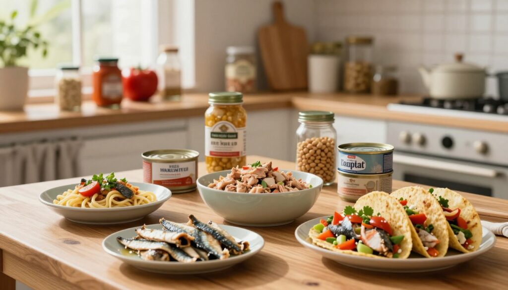 A cozy kitchen scene featuring a variety of pantry-based lenten meals centered around canned seafood. In the foreground, a wooden table displays a colorful array of quick fish recipes: a bowl of spicy tuna salad, a plate of sardine pasta, and a vibrant fish taco setup with fresh toppings. The middle ground shows shelves stocked with essential pantry staples like canned tomatoes, beans, and spices, creating an inviting atmosphere. In the background, soft natural light filters through a window, casting a warm glow over the scene. The composition emphasizes a sense of comfort and accessibility, with softly focused edges to create a welcoming mood, suggesting these meals are easy to prepare and perfect for Lent. A cozy kitchen scene featuring a variety of pantry-based lenten meals centered around canned seafood. In the foreground, a wooden table displays a colorful array of quick fish recipes: a bowl of spicy tuna salad, a plate of sardine pasta, and a vibrant fish taco setup with fresh toppings. The middle ground shows shelves stocked with essential pantry staples like canned tomatoes, beans, and spices, creating an inviting atmosphere. In the background, soft natural light filters through a window, casting a warm glow over the scene. The composition emphasizes a sense of comfort and accessibility, with softly focused edges to create a welcoming mood, suggesting these meals are easy to prepare and perfect for Lent.