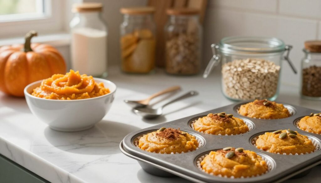 A cozy kitchen scene featuring a white marble countertop with a bowl of vibrant orange pumpkin puree and a container of rolled oats. In the foreground, a beautifully prepared muffin tin filled with raw pumpkin oat muffin batter, topped with a sprinkle of cinnamon and a few pumpkin seeds. Soft, warm lighting enhances the inviting atmosphere, with sunlight streaming through a nearby window, casting gentle shadows. In the middle, a set of measuring cups and spoons lay scattered next to a wooden spoon, hinting at the baking process. The background is softly blurred, showing shelves filled with baking ingredients like flour and spices, adding to the homey feel. The overall mood is warm and inspiring, perfect for an easy baking session at home.