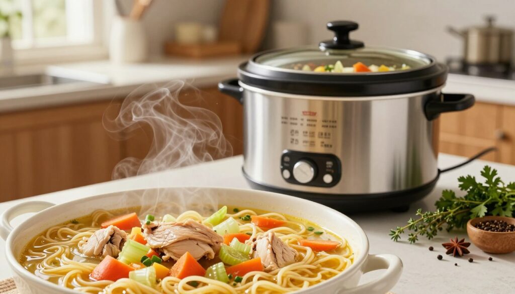 A cozy kitchen scene showcasing a fresh batch of chicken noodle soup cooking in a modern crockpot. In the foreground, a close-up view of a bowl brimming with vibrant noodles, tender chunks of chicken, and colorful vegetables like carrots and celery. Steam wafts gently from the bowl, creating a warm and inviting atmosphere. In the middle ground, the sleek crockpot sits on a counter, filled with the simmering soup, surrounded by fresh herbs and spices, such as parsley and thyme. The background features soft, natural lighting that illuminates the kitchen, with wooden cabinets and a window letting in warm sunlight. The overall mood is heartwarming and homey, evoking the comfort of a homemade meal.
