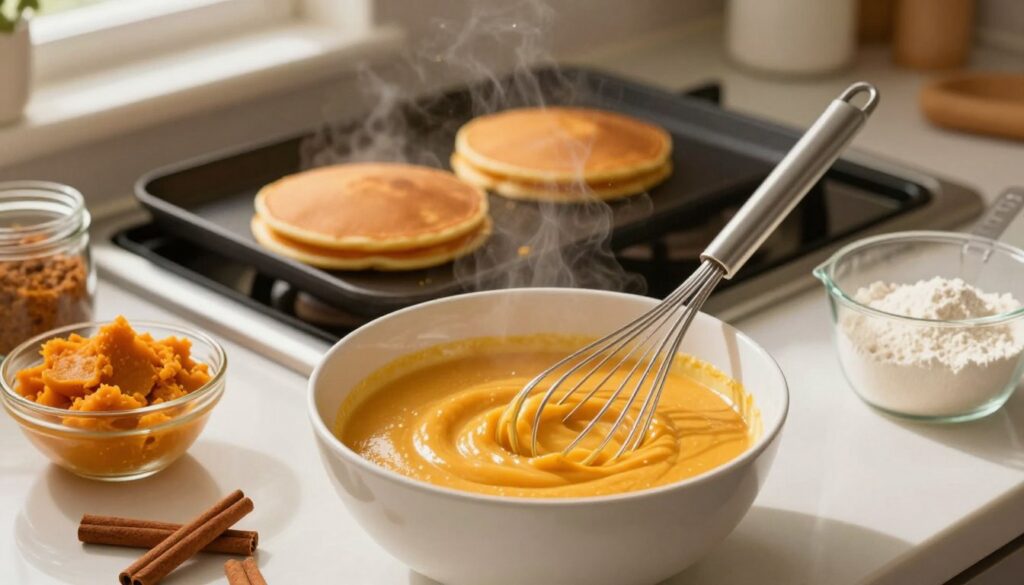 A cozy kitchen scene showcasing a freshly prepared bowl of pumpkin pancake batter in the foreground, with a whisk partially submerged in the golden mixture. Surrounding the batter, there are scattered ingredients: a small bowl of pumpkin puree, a jar of cinnamon, and a measuring cup filled with flour. In the middle ground, a stovetop griddle heats up with a perfectly golden pumpkin pancake starting to cook, releasing a hint of steam. The background features soft, warm lighting, emanating from a nearby window, casting gentle shadows and creating an inviting atmosphere. The image captures the essence of a step-by-step guide, emphasizing the process of mixing ingredients to create a delicious fall-inspired dish.